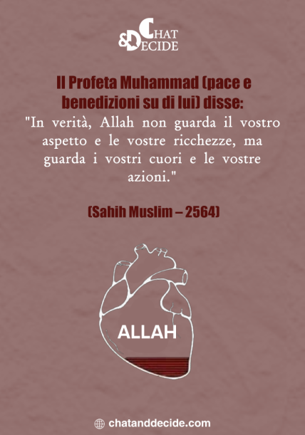 Profeta Muhammad (pace e benedizioni su di lui) disse: "In verità, Allah non guarda il vostro aspetto e le vostre ricchezze, ma guarda i vostri Ilcuori e le vostre azioni." (Sahih Muslim – 25